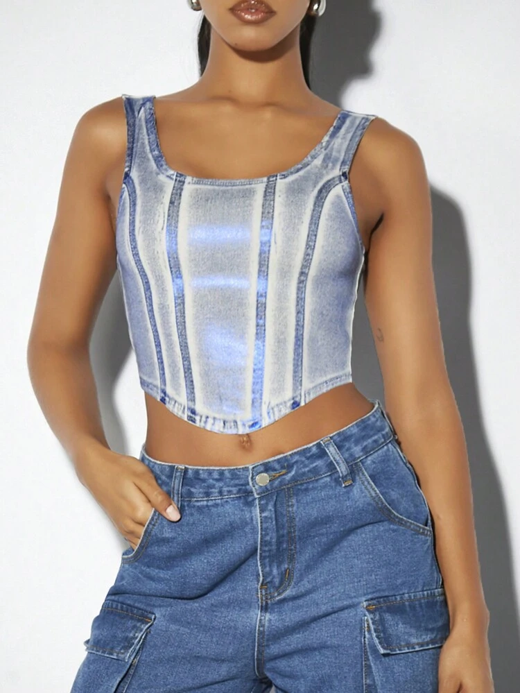 Metallic Women's Sexy Asymmetrical Hem Sleeveless Denim Top