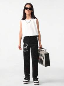 Tween Boy Black Distressed Cutout Pants - Black - View 4