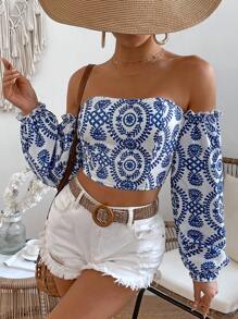 Breezaya Áo sơ mi trễ vai in họa tiết tay dài cho nữ, áo dài tay - Nhiều màu - Xem 5