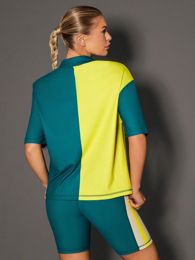 Letter Printed Color Block Drop Shoulder Polo Shirt