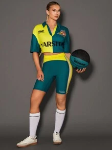 VARSITIE Lá thư In Khối màu Thả vai Áo polo - Nhiều màu - Xem 5