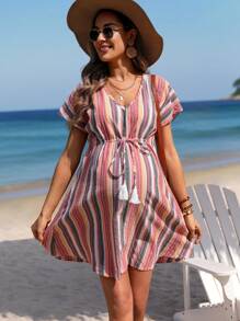 SHEIN 孕妇条纹 V 领蝙蝠袖连衣裙 - 彩色 - 查看 4