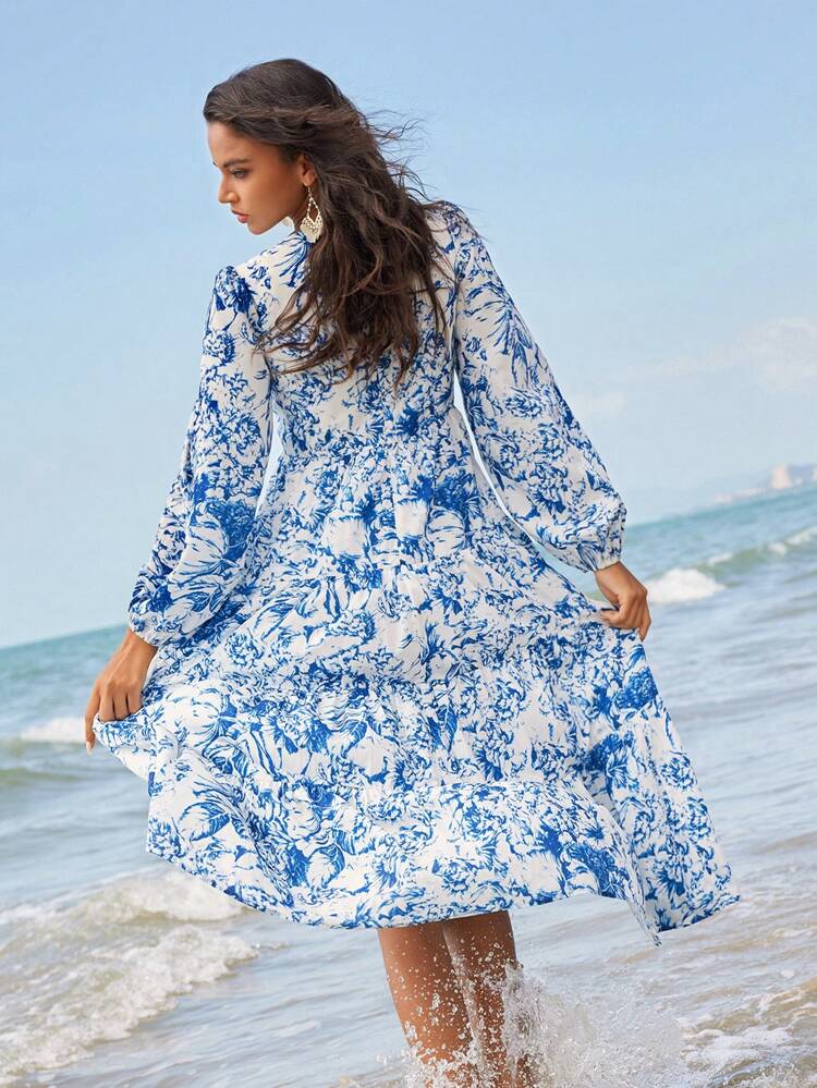 Anewsta Beach Style Floral Print V-Neck Cinched Waist Lantern Sleeve Dress