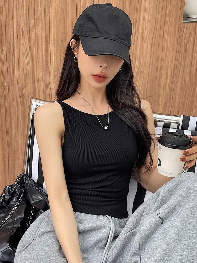 Women Plain Round Neck Ribbed Knit Tank Top, Business Casual Style