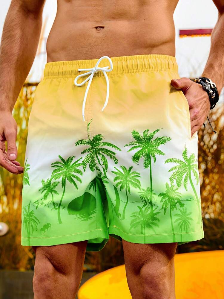Men's Elastic Waist Coconut Tree Print Beach Shorts With Slanted Pockets
