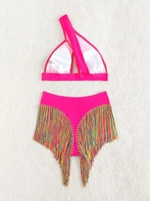Swim Vcay Summer Beach Fringe Hem One Shoulder Bikini Set