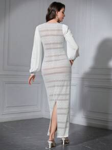 Modelyn Women's Asymmetrical Collar Lace Dress With Lantern Sleeve Long Evening Dresses - White - View 7