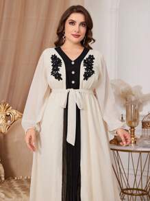 Modelyn Fashionable Color Block V-Neck Lantern Sleeve Long Dress Long Evening Dresses - Apricot - View 1