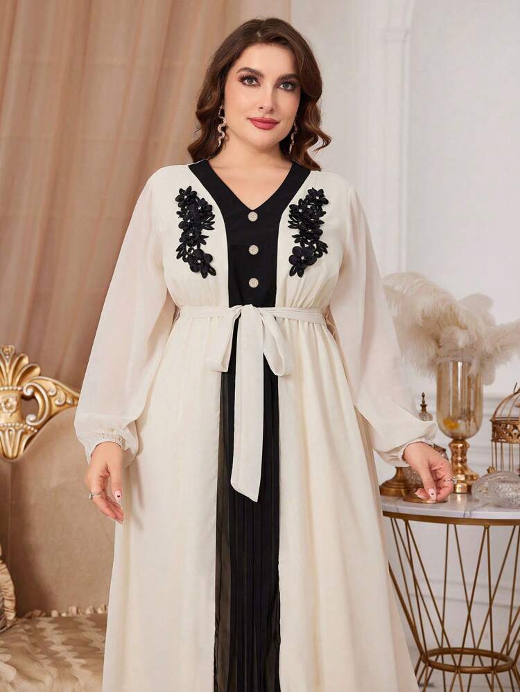 Fashionable Color Block V-Neck Lantern Sleeve Long Dress Long Evening Dresses