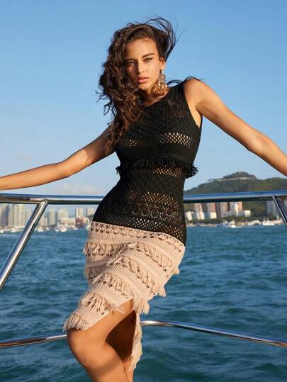 Anewsta 度假風格流蘇拼接中長款緊身連衣裙,圓領鉤花空心織