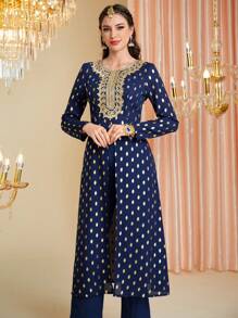 Divindia Embroidered And Applique Gold Polka Dots Print Long Sleeve Kurta - Multicolor - View 8