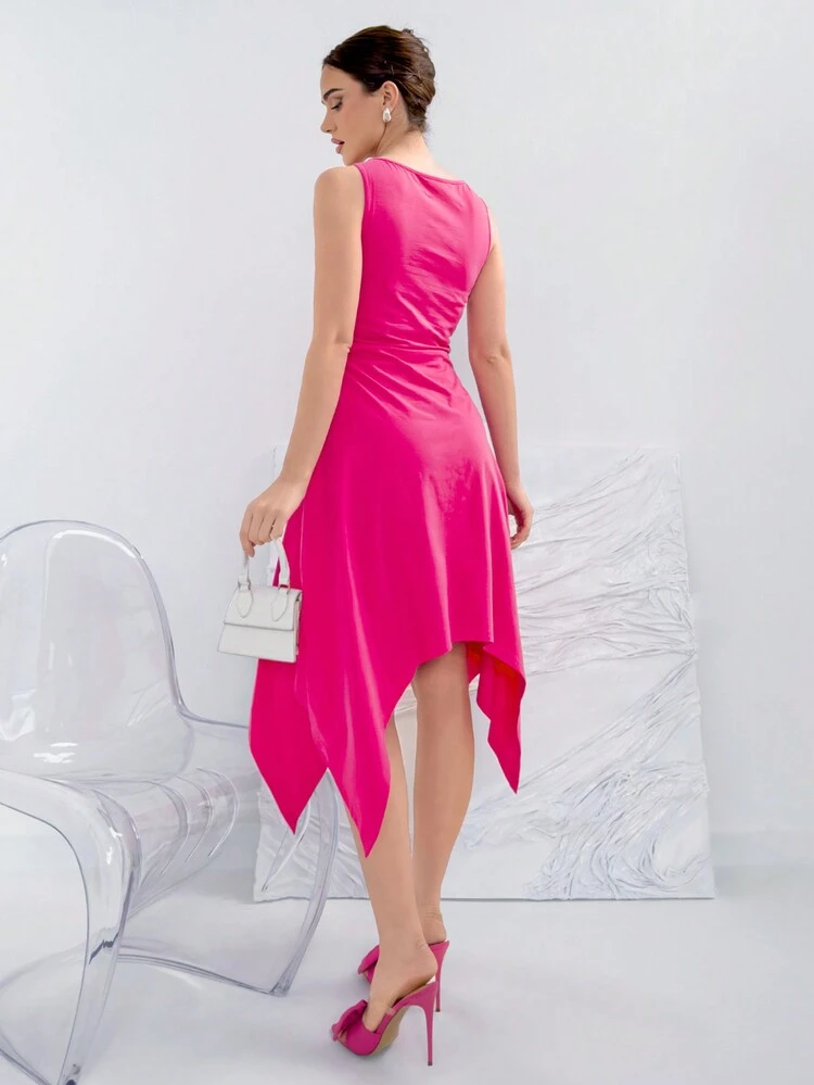 Women's Stylish Solid Color Pleated Asymmetrical Hem Sleeveless Dress For Spring/Summer