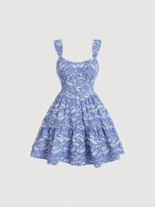 SHEIN MOD 印花藍色短款吊帶夏日連衣裙 - 藍白色 - 查看 1