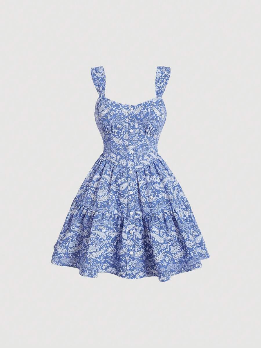 SHEIN MOD 印花藍色短款吊帶夏日連衣裙 - 藍白色 - 查看 1