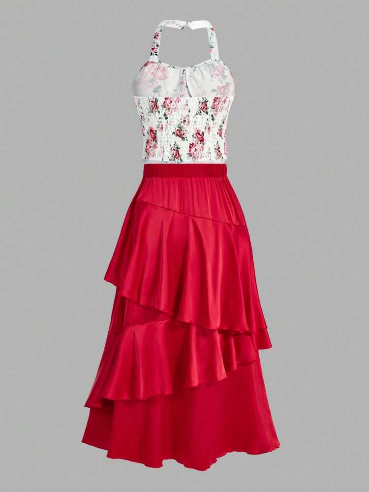 Teen Girls' Flower Print Halter Neck Top And Ruffle Hem Skirt Set