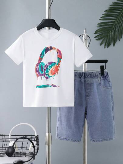 Bộ 2 chiếc Tween Boy Tai nghe đầy màu sắc In áo thun ngắn tay