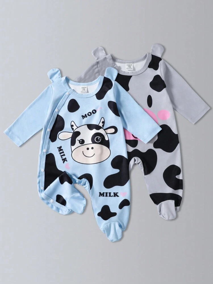 Baby Girl Cow Print Long Sleeve Footed Jumpsuit With Hat And Bib, 3pcs Set Home Outfit