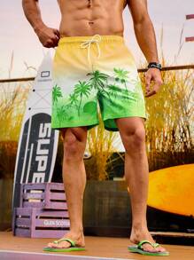 Surfspeed Men's Elastic Waist Coconut Tree Print Beach Shorts With Slanted Pockets - Green - View 5