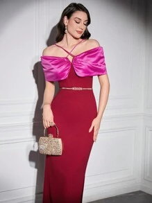 Modelyn Burgundy Red Women's Color Contrast Off-Shoulder Split Hem Halterneck Dress Long Evening Dresses - Burgundy - View 4