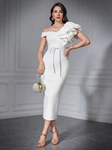 Modelyn Vestido largo de noche con cuello asimétrico, volantes y decoración de cuentas con abertura lateral - Blanco - Ver 1