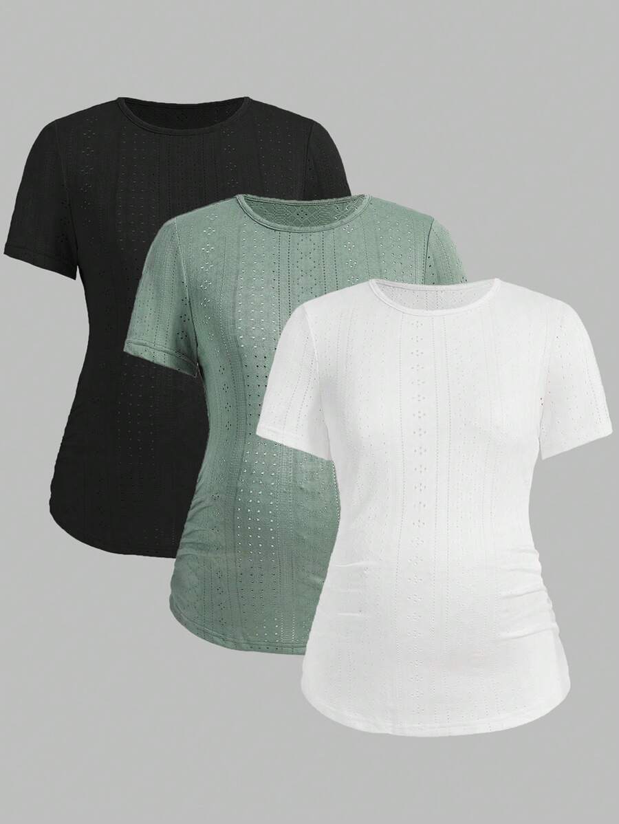 SHEIN Maternity Solid Color Hollow Out Embroidery T-Shirt - Multicolor - View 1