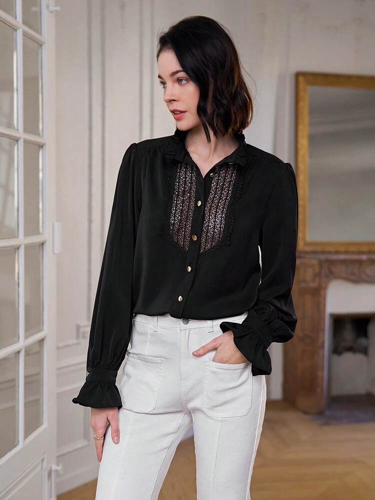 Lace Splice Loose Fit Women's Shirt Winter Elegant Black