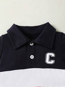 SHEIN Baby Boys' Colorblocked Polo Collar Short Sleeve Bodysuit And Shorts Set - Multicolor - View 3