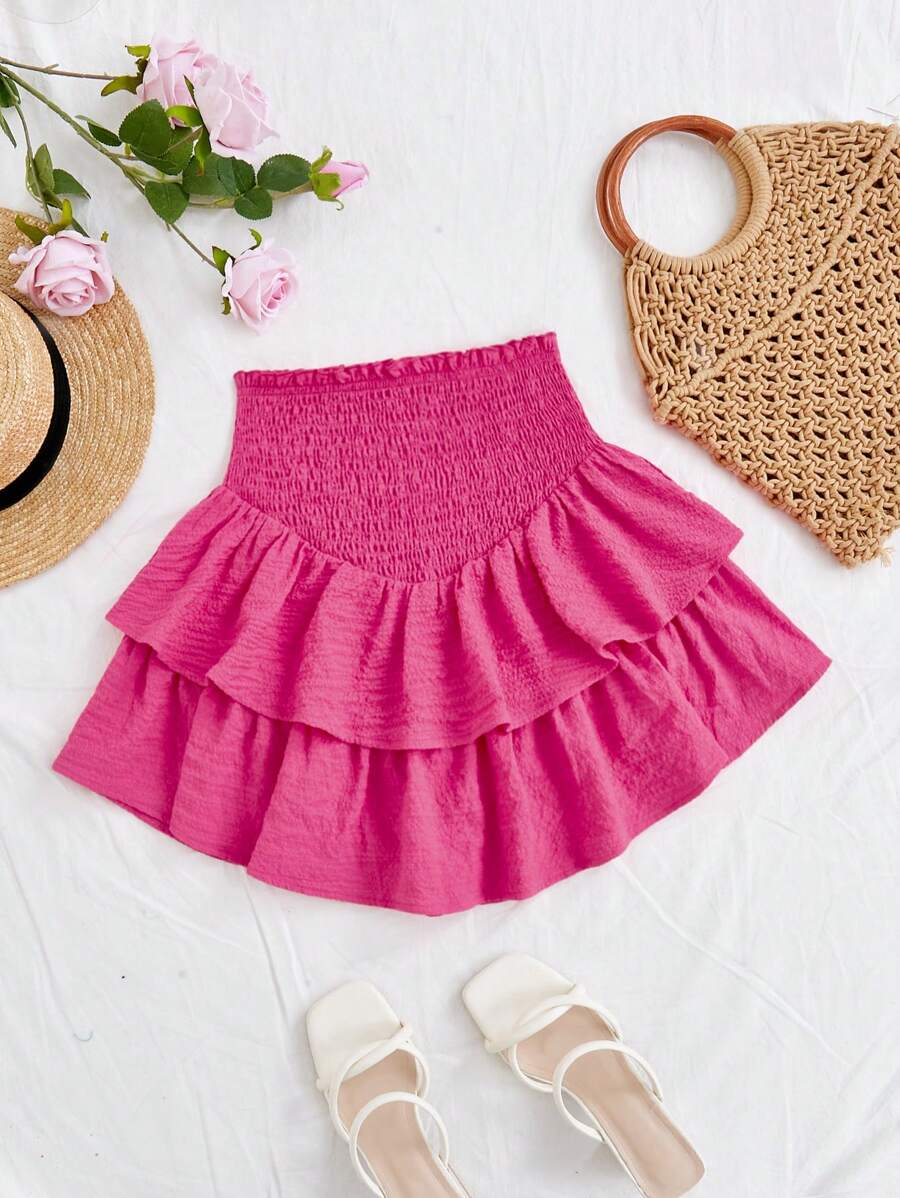 Soleia Saia de Babados em Camadas Duplas para Mulheres, para Férias - Rosa Quente - Ver 1