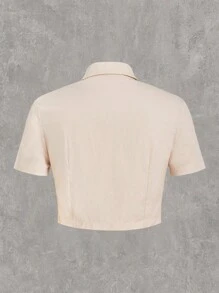 SHEIN EZwear 女款卡其色編織短袖襯衫 - 卡其色 - 查看 2