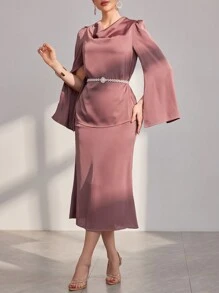 Modelyn 純色V領披肩袖上衣與魚尾下擺裙 2件套 - 珊瑚粉 - 查看 1