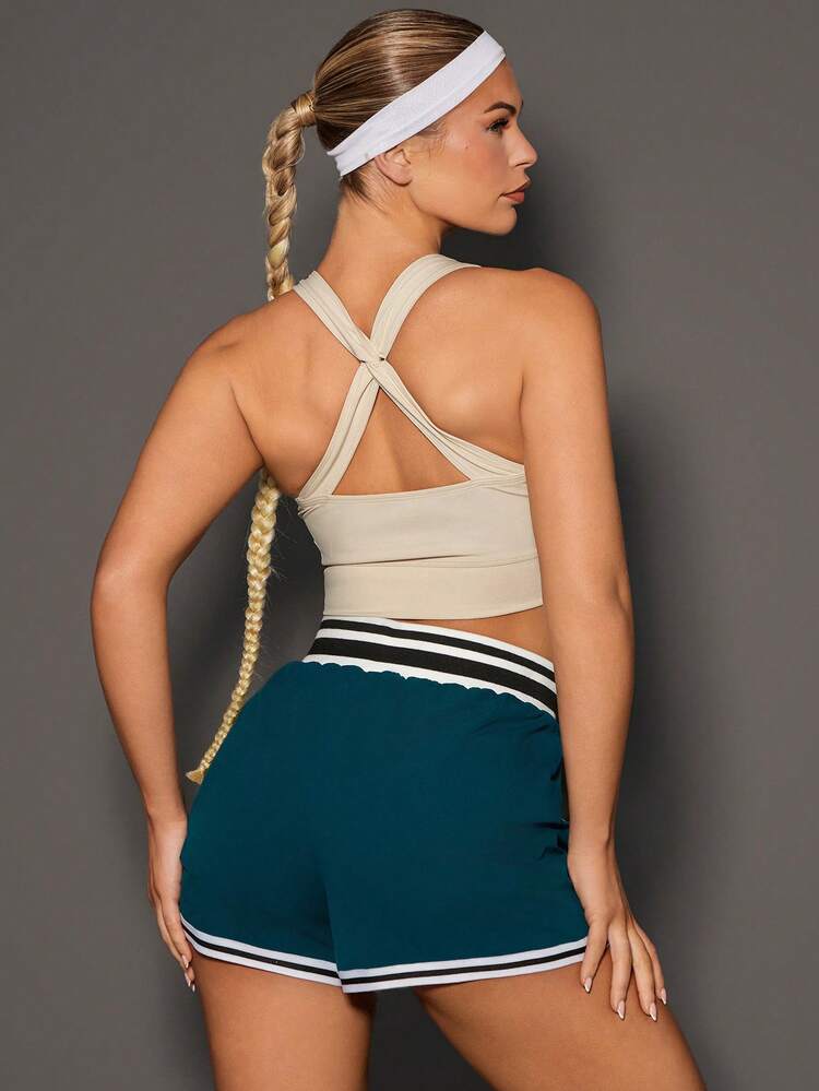 Ladies' Solid Cross Back Tank Top And Striped Shorts Set