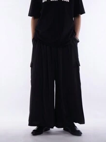 Manfinity EMRG Nam Màu Trơn Thời Trang Quần Ống Rộng Thích Hợp Cho Trang Phục Hàng Ngày Oversize Dài Loe Đen Trơn Đi Chơi - màu đen - Xem 9