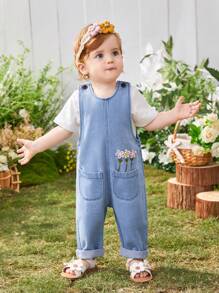 Đứa bé gái Hằng ngày Đúng mốt vui tươi Hoa Denim Áo liền quần - Rửa nhẹ - Xem 1