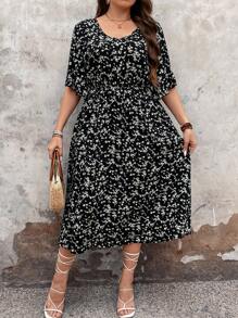 EMERY ROSE Plus Size Women Floral Print Round Neck Dress, Women Summer Outfit - Black - View 4