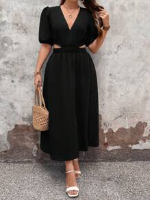 SHEIN LUNE Plus Size Puff Short Sleeve Hollow Out Waist Dress With V-Neckline