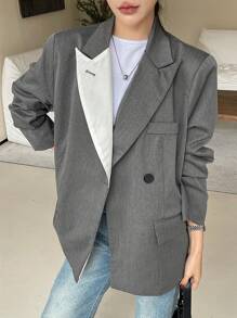 DAZY Women's Loose Fit Colorblock Lapel Blazer,Fall Women Clothes