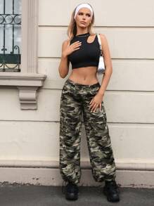 SHEIN EZwear Women's Woven Camouflage Print Long Pants - Army Green - View 5
