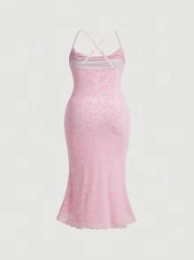 SHEIN MOD Kích thước lớn Lưới thêu Váy Dây - Hồng - Xem 2