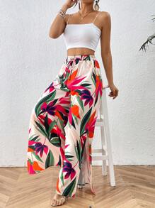 Breezaya Pantalon Large À Imprimé De Plantes À Taille Élastique Avec Fente Latérale - Vert - Voir 5