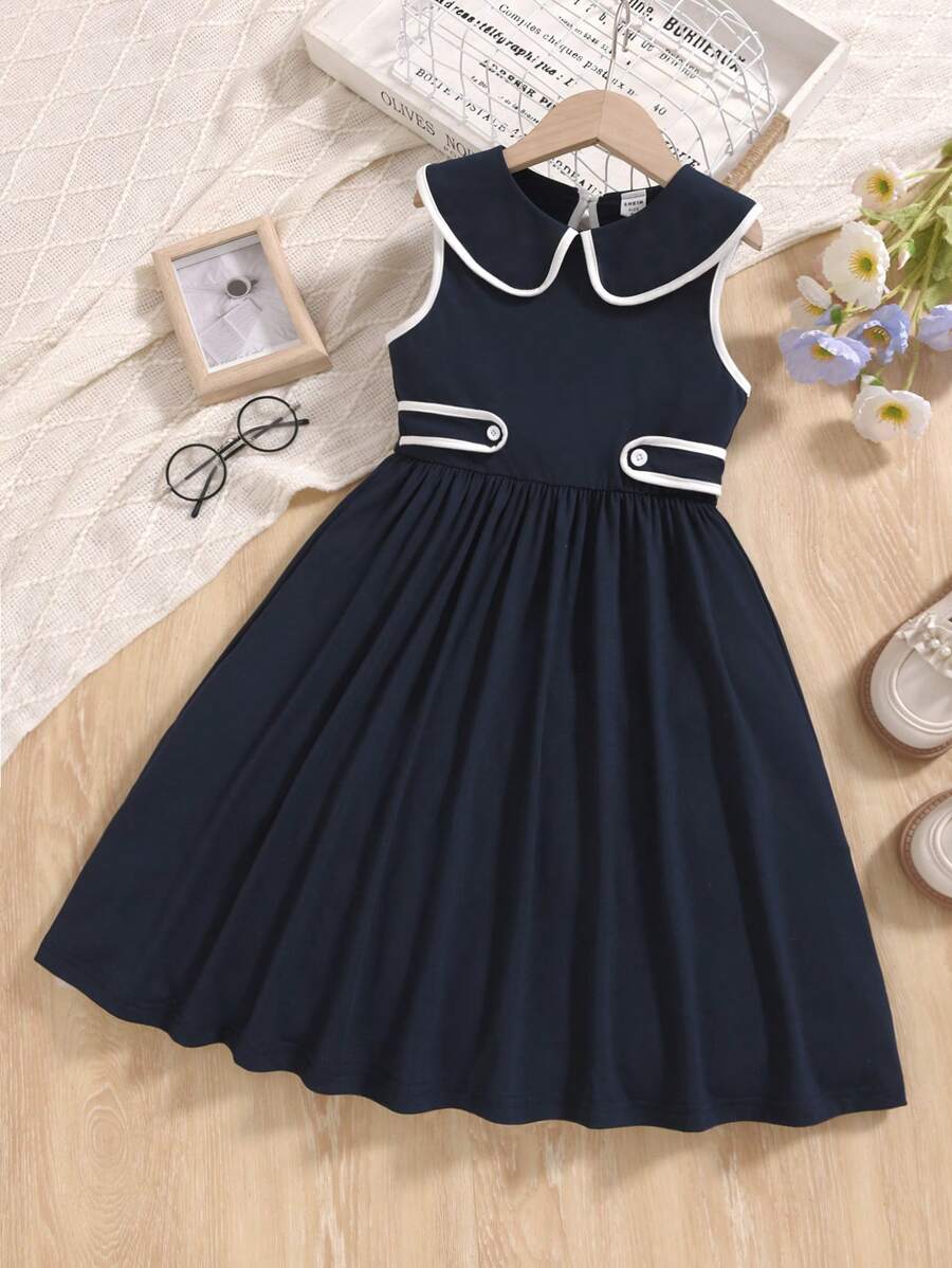 Tween Girls' Blue Casual Everyday Lapel Collar Dress - Royal Blue - View 1