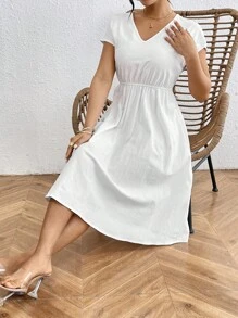 SHEIN Essnce 女士純色簡約v領連身裙 - 白色 - 查看 5