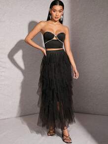 Hauture Ruffle Mesh High Waist Solid Elegant Skirt - Black - View 4