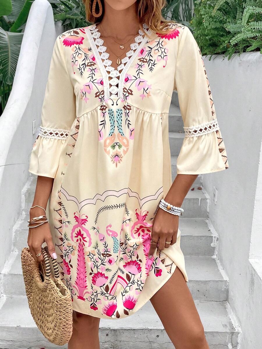 SHEIN VCAY 定位印花蕾絲邊裙 - 杏色 - 查看 1