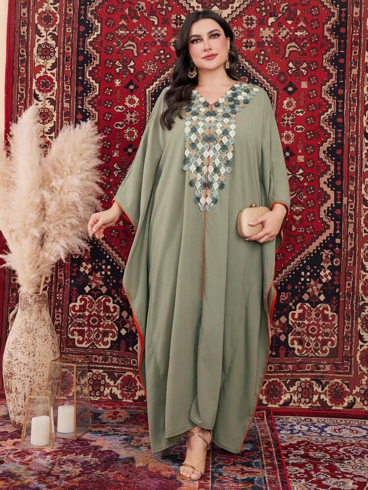 Plus Size Flower Decorated Batwing Sleeve Arab Dress With Contrast Piping Kaftan Jalabiya Dress