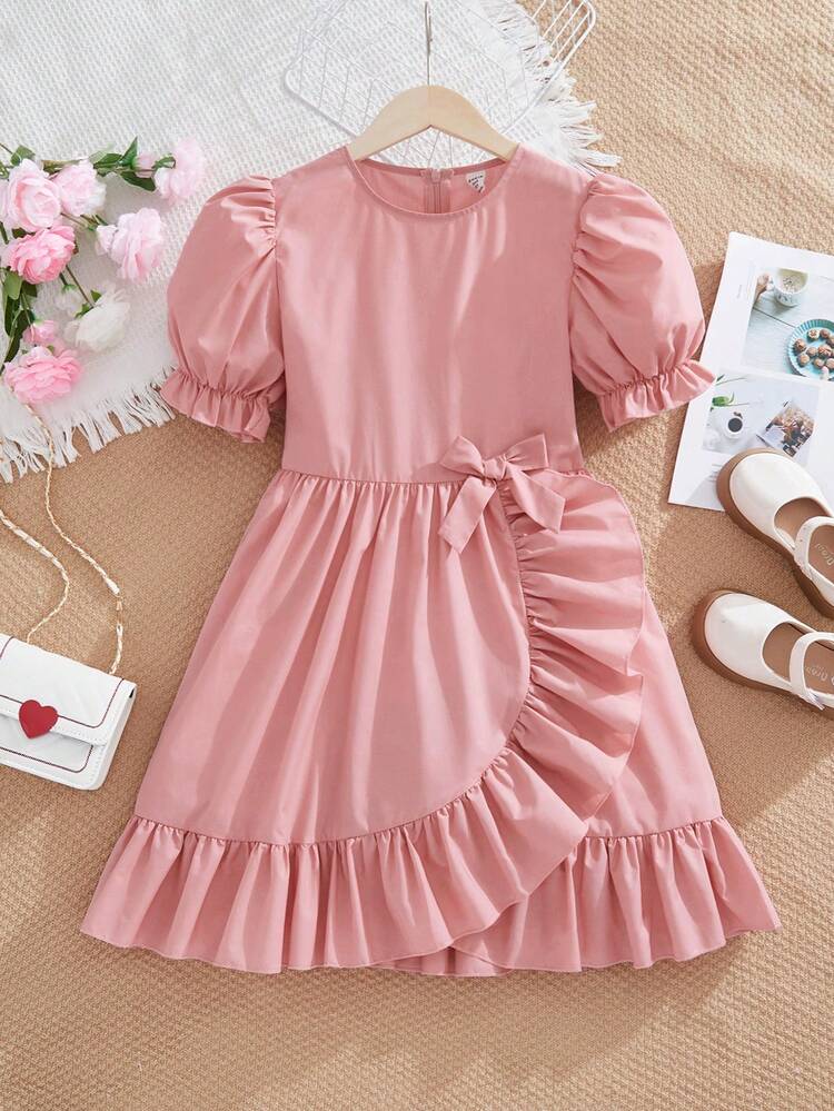 Tween Girls' Casual Fitted Round Neck Dress Featuring Ruffle Trim And Decorative Elements