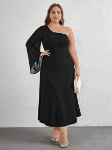 SHEIN Privé Plus Size One Shoulder Chiffon Pearl Beaded Splicing Bodycon Dress