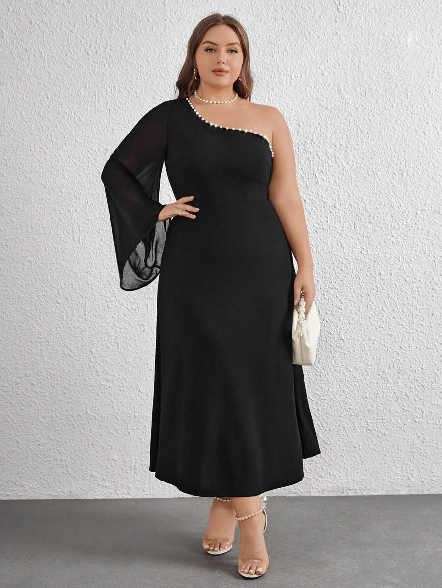 SHEIN Privé Plus Size One Shoulder Chiffon Pearl Beaded Splicing Bodycon Dress