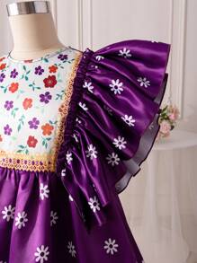 SHEIN Cô gái Tween Dệt In hoa Viền Ruffle Sự phối hợp Đầm giản dị - Màu tím - Xem 6