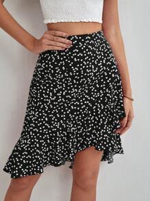 SHEIN Frenchy 女士心形印花不對稱裙擺裙 - 黑色 - 查看 5