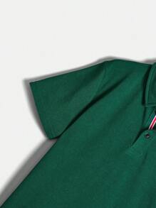 SHEIN 適合青少年男孩夏季休閒風格的馬紋短袖Polo衫 - 墨綠色 - 查看 4